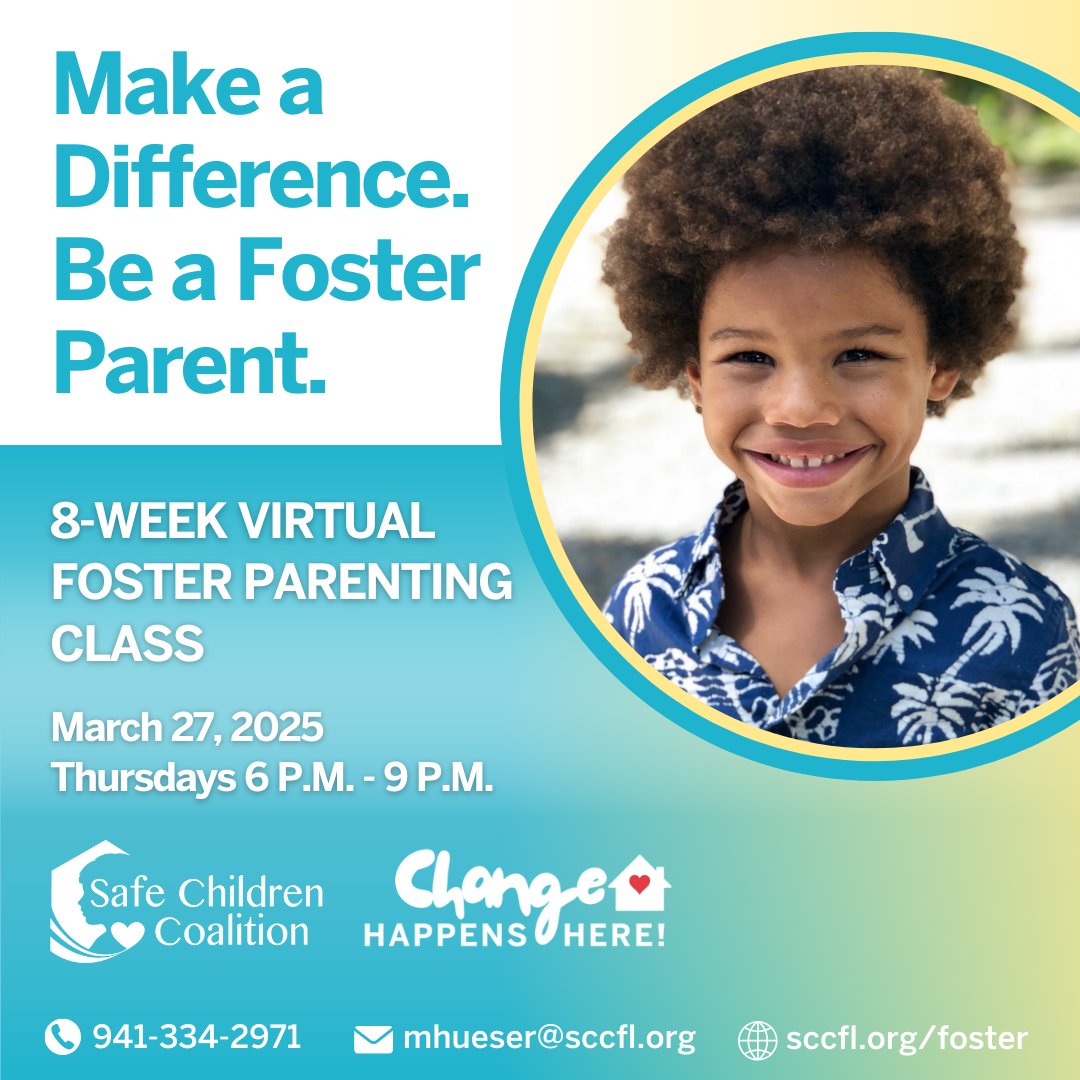 Change a child's life and your own—become a foster parent. Our 8-week Virtual Foster Parenting Class gives you the tools and support to open your heart and home to a child in need. Ready to start? Visit: sccfl.org/foster