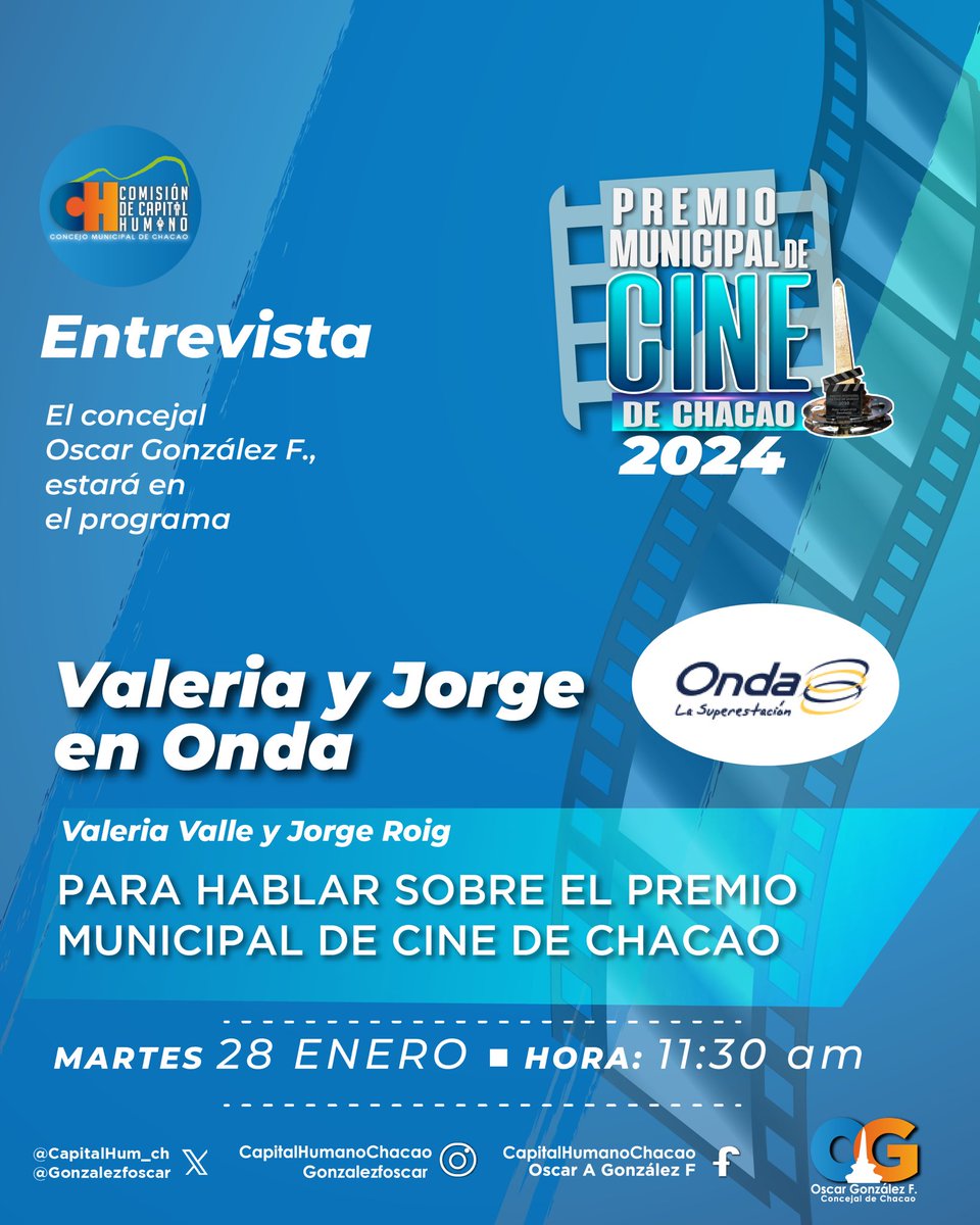 Te invito  a sintonizar Onda La Superestación @circuitoonda, dónde estaré  conversando con Valeria Valle <a href="/valeriavalle/">Valéria</a> y Jorge Roig @mrroig sobre el Premio Municipal de Cine  Chacao 2024 🎞️ ¡Sintoniza!