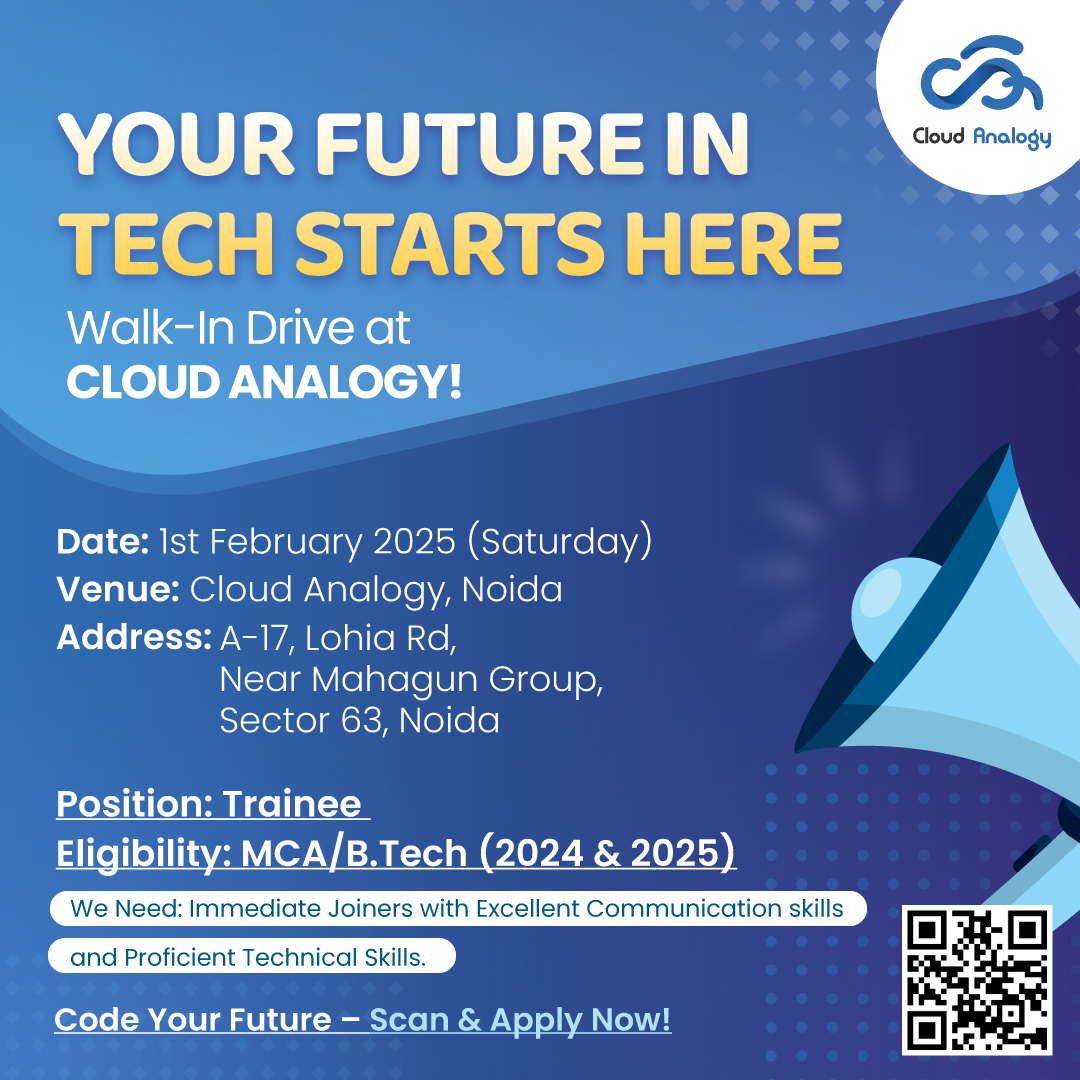 cloudanalogy's tweet image. #CloudAnalogy’s #WalkInDrive is your chance to level up!

🗓 When? Feb 1, 2025
📍 Where? Cloud Analogy, Noida
💼 Role? Trainee 🦸‍♂️🦸‍♀️
🎓 Who? MCA/B.Tech grads (2024 &amp;amp; 2025)
Immediate joiners &amp;amp; tech rockstars, this is for you!
Scan, apply, show up—your future awaits! 
#NoidaJobs