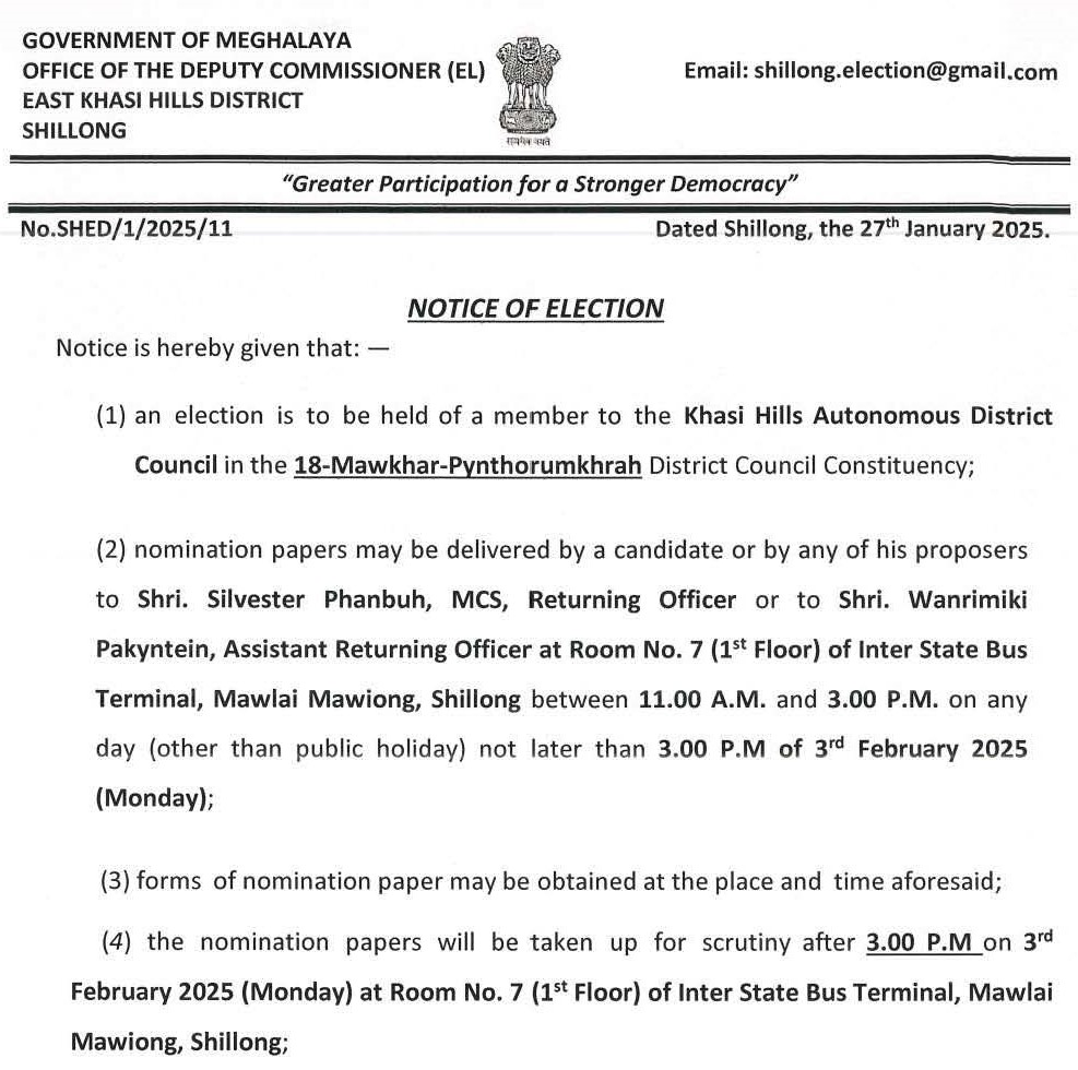 MeghalayaGov's tweet photo. Notices of #Election issued by the Returning Officer of 18 #Mawkhar - #Pynthorumkhrah District Council Constituency @DiprMeghalaya @KurbahRossetta @DC_EKH (https://t.co/M3985ZgCEA) https://t.co/HTHGhc3lnC