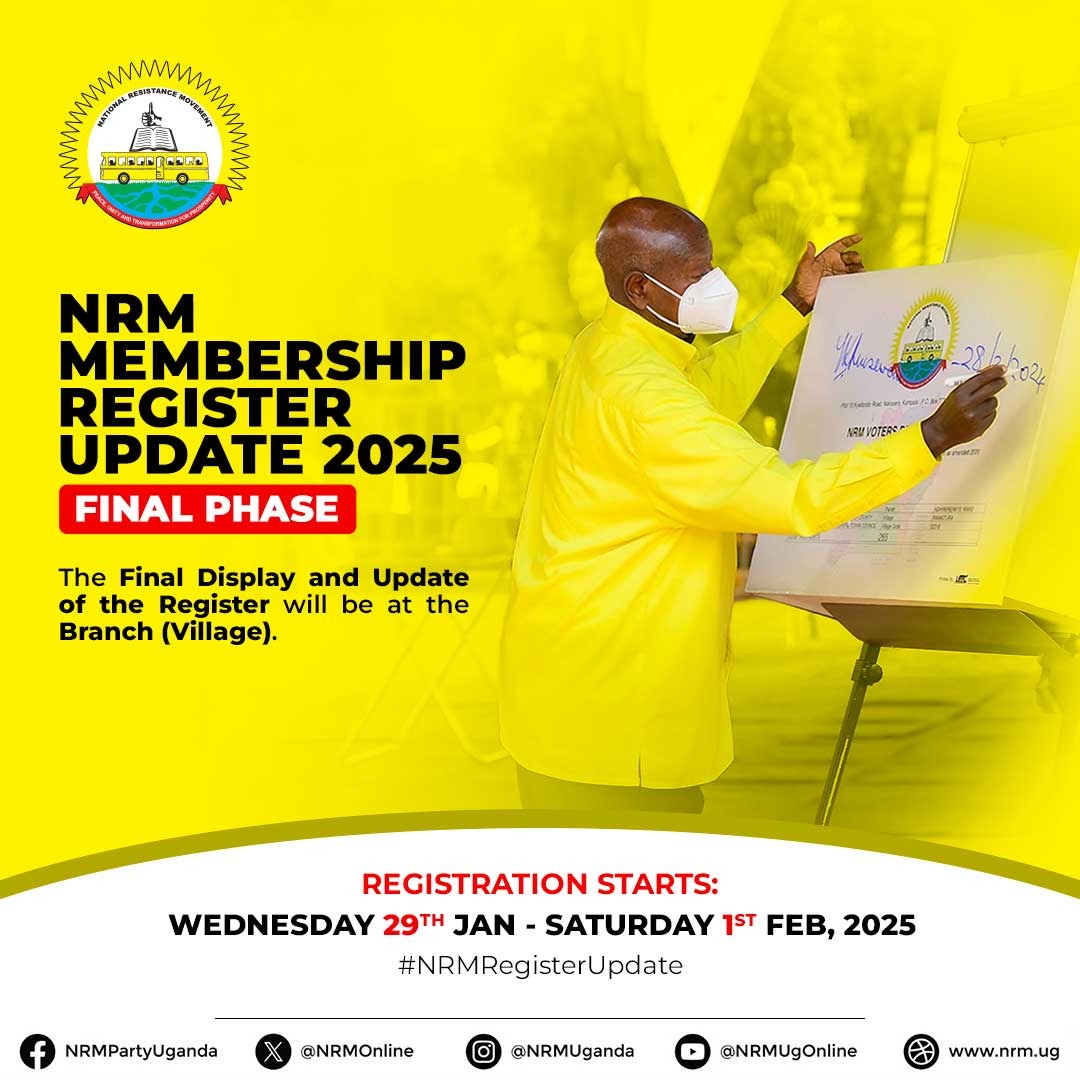 The final phase of the NRM Membership register update exercise officially kicks off tomorrow, Wednesday, January 29th. 

We encourage all our party members to visit their branches/villages and register or update their details. 

 #NRMRegisterUpdate