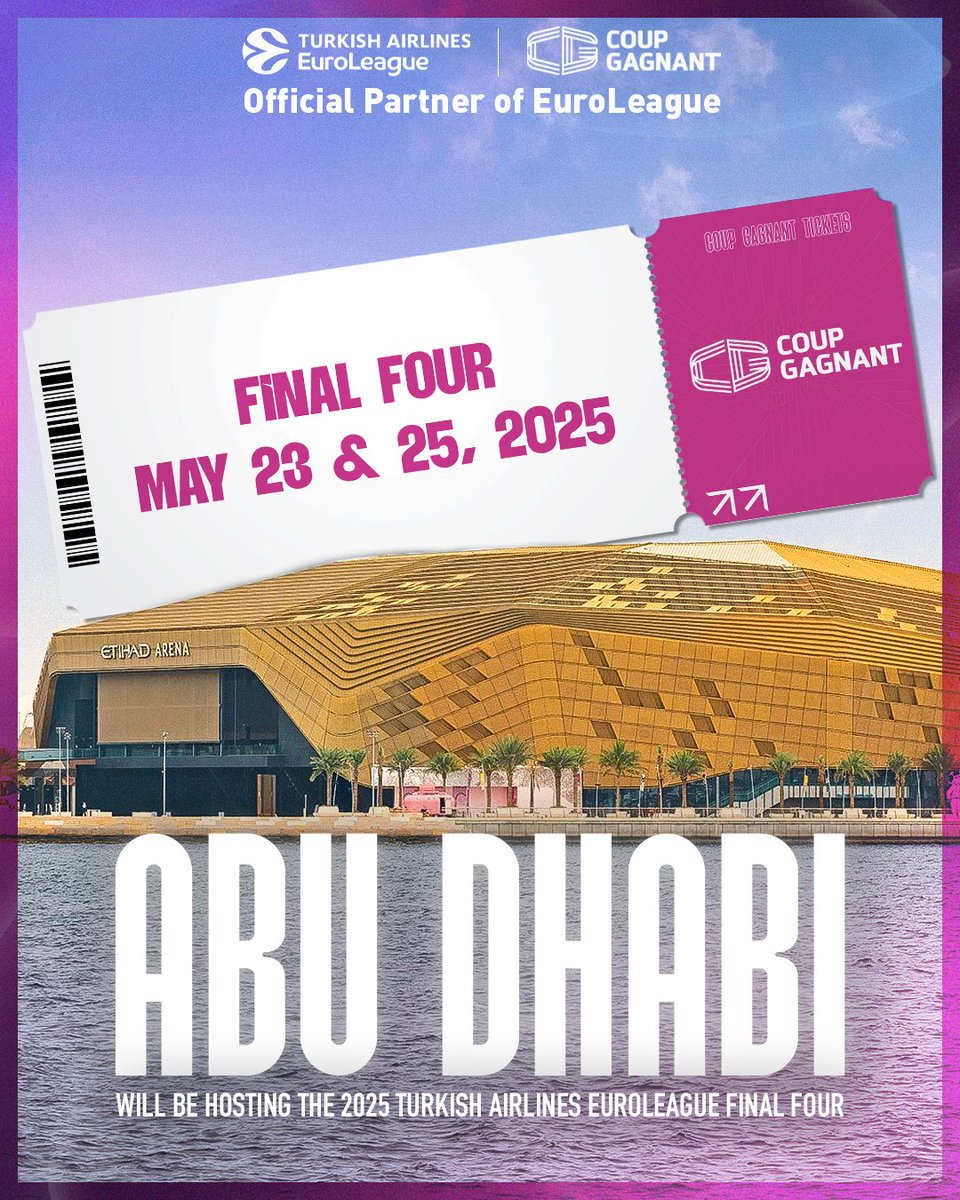 🚨 Official | Abu Dhabi to host 2025 Turkish Airlines EuroLeague Final Four!

The road to the final stops here—where legends are made and dreams take flight. The countdown begins—get ready for unforgettable moments in an iconic setting!

🏆 Final Four
🗓️ May 23 &amp; 25, 2025
📍
