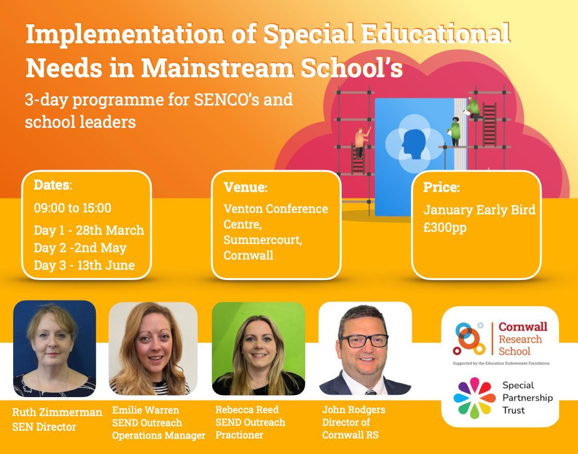 Early bird rates out now!

SENDCO's and Schl Leaders join Cornwall RS and @SPTrust1for a 3-day programme on the Implementation of SEN in Mainstream Schl's.

Contact Victoria <a href="/RSNCornwall/">Cornwall Research School</a> for more info.