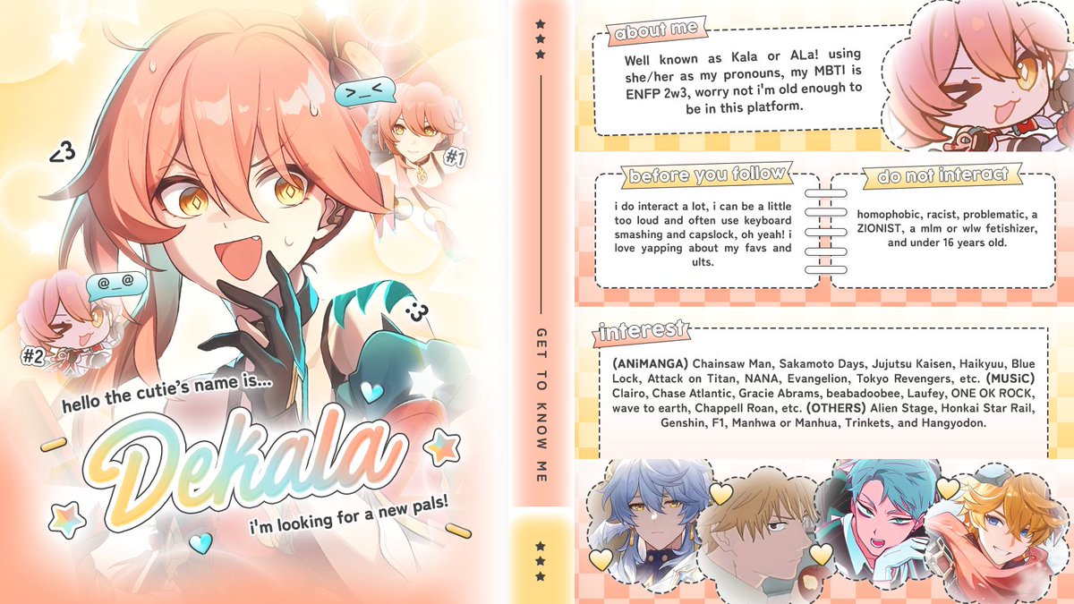 HEi hellu #anitwt #hsrtwt #genshintwt :3 aku mau mencari teman baru ia! 😆 tolong baca fcv aku sebelum interact ;)))) i'm very - bery loud about my favs and ults 😵‍💫💟 you can drop a simple “hmu” atau fcv, rentry, carrd, and etc kalau punya 🏄🏻‍♀️ homophobes &amp; zionist dni ⚠