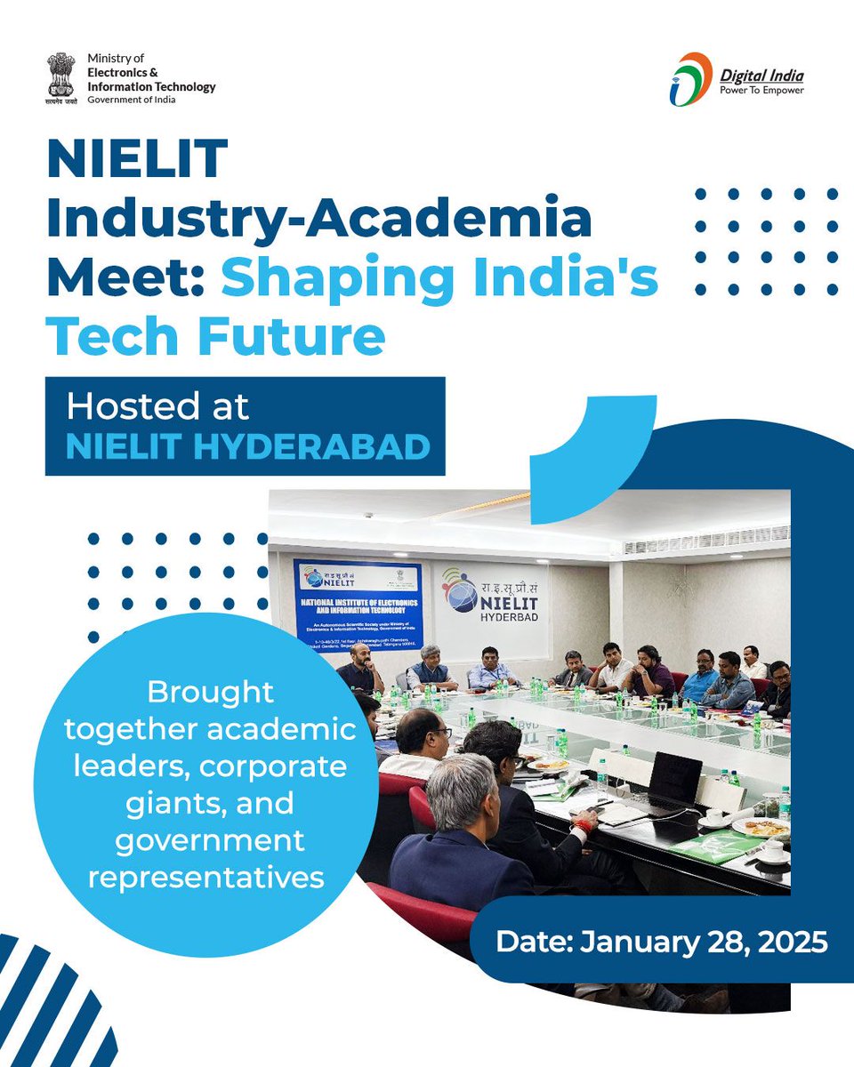 GoI_MeitY's tweet photo. 🌟 Building a Future-Ready Workforce 🌟
NIELIT Hyderabad hosted a dynamic Industry-Academia Meet, uniting leaders from government, academia, and the tech industry. 🔗 Together, let’s shape India’s tech future! #DigitalSkilling #EmergingTech #DigitalIndia https://t.co/RZt1oUIRtX