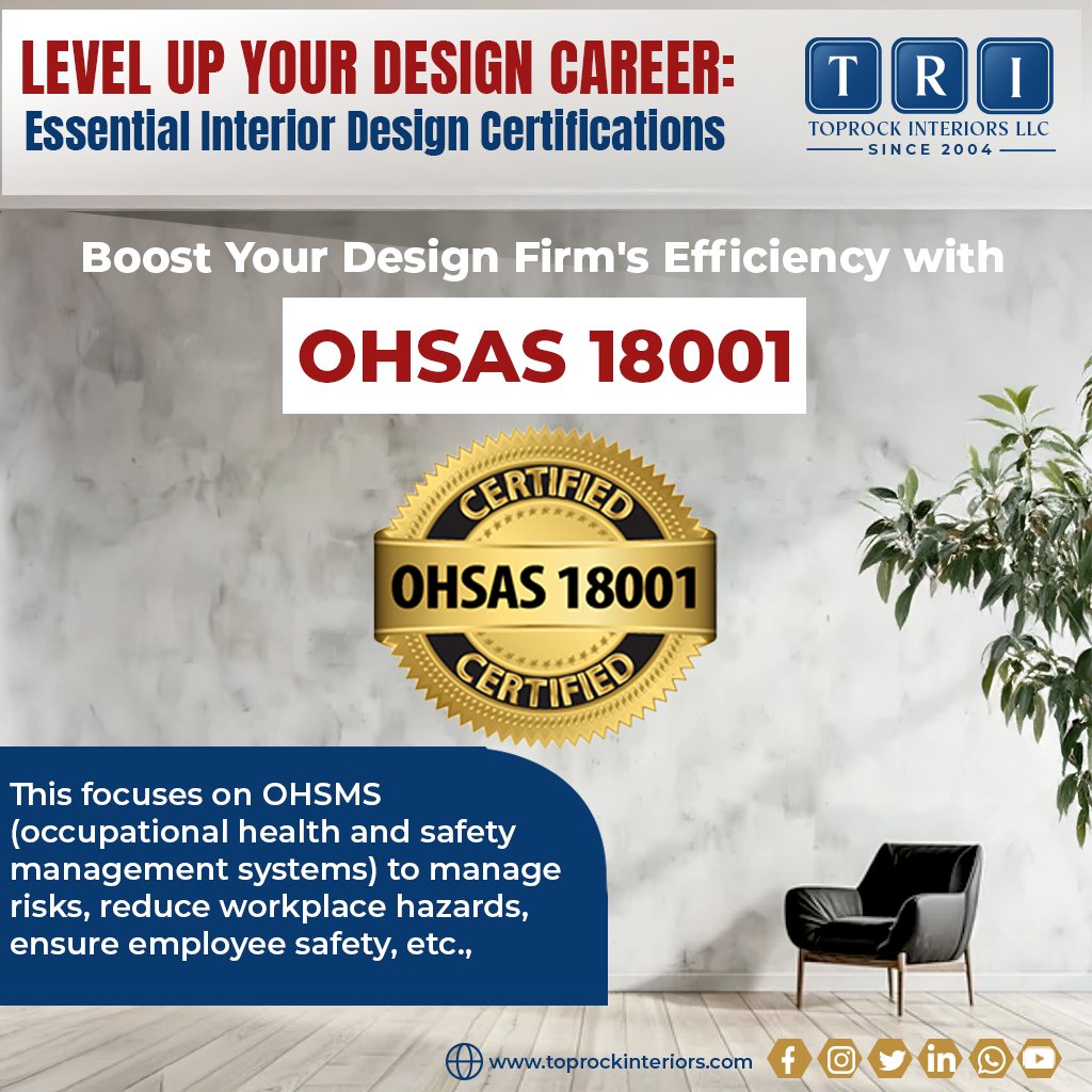 toprockinterior's tweet photo. Boost Your Interior Design Firm with OHSAS 18001! 

At TopRock Interiors, we prioritize safety &amp; efficiency. 
This certification helps reduce risks, enhance workplace safety, &amp; build client trust. Stay ahead with global standards!

#TopRockInteriors #OHSAS18001 #WorkplaceSafety https://t.co/fGmwv71A2M