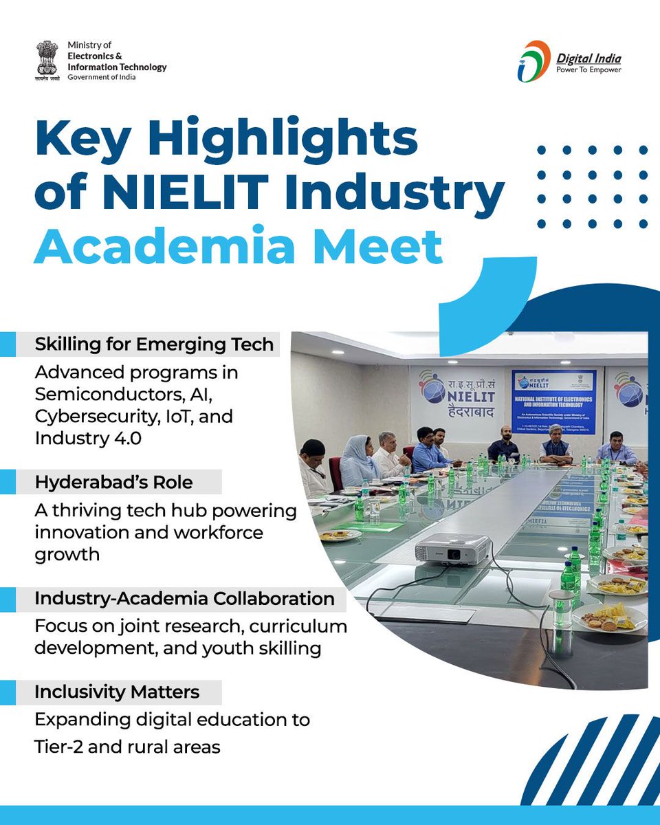 🌟 Building a Future-Ready Workforce 🌟
NIELIT Hyderabad hosted a dynamic Industry-Academia Meet, uniting leaders from government, academia, and the tech industry. 🔗 Together, let’s shape India’s tech future! #DigitalSkilling #EmergingTech #DigitalIndia
