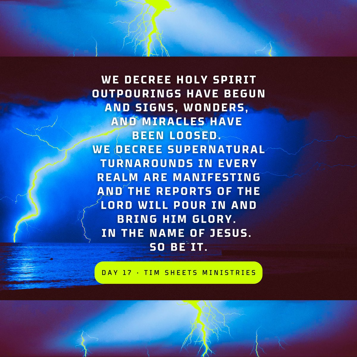 TimDSheets's tweet image. Day 17
Tues., Jan. 28

We decree Holy Spirit outpourings have begun and signs, wonders, and miracles have been loosed. We decree supernatural turnarounds in every realm are manifesting and the reports of the Lord will pour in and bring Him glory. In the Name of Jesus. So be it.