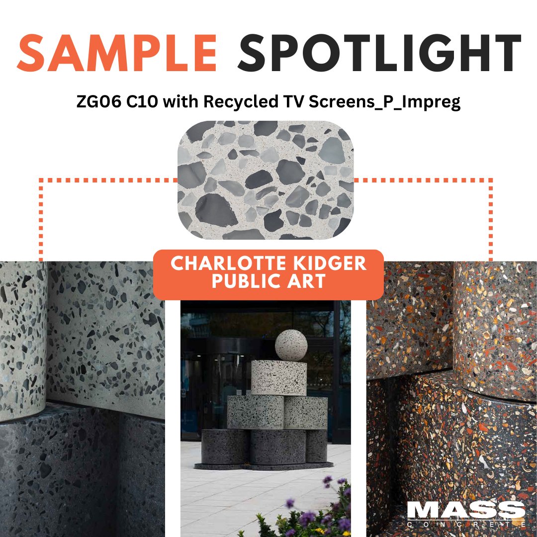 MassConcrete's tweet photo. MASS Concrete’s ZG06 C10 sample redefines sustainability with crushed recycled TV screens and construction waste like ceramics, rubble, and China Clay Stent. 

This terrazzo mix was featured in Charlotte Kidger’s public art installation in Swindon. https://t.co/efprU0Efy2 🎨♻️ https://t.co/kvxzMjpevQ