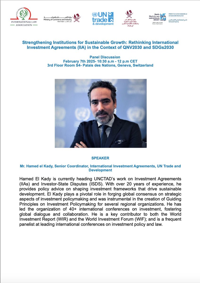 ILA Gulf Cooperation Council Branch (@ilagulfccouncil) on Twitter photo Excited to announce our upcoming panel discussion:
"Strengthening Institutions for Sustainable Growth: Rethinking IIAs in the Context of QNV2030 & SDGs2030"
Join us as we welcome <a href="/ElKady_Hamed/">Hamed El Kady</a> Hamed El Kady, Head of <a href="/UNCTAD/">UN Trade and Development</a>’s work on Investment Agreements & ISDS, with 20+ years Excited to announce our upcoming panel discussion:
"Strengthening Institutions for Sustainable Growth: Rethinking IIAs in the Context of QNV2030 & SDGs2030"
Join us as we welcome <a href="/ElKady_Hamed/">Hamed El Kady</a> Hamed El Kady, Head of <a href="/UNCTAD/">UN Trade and Development</a>’s work on Investment Agreements & ISDS, with 20+ years