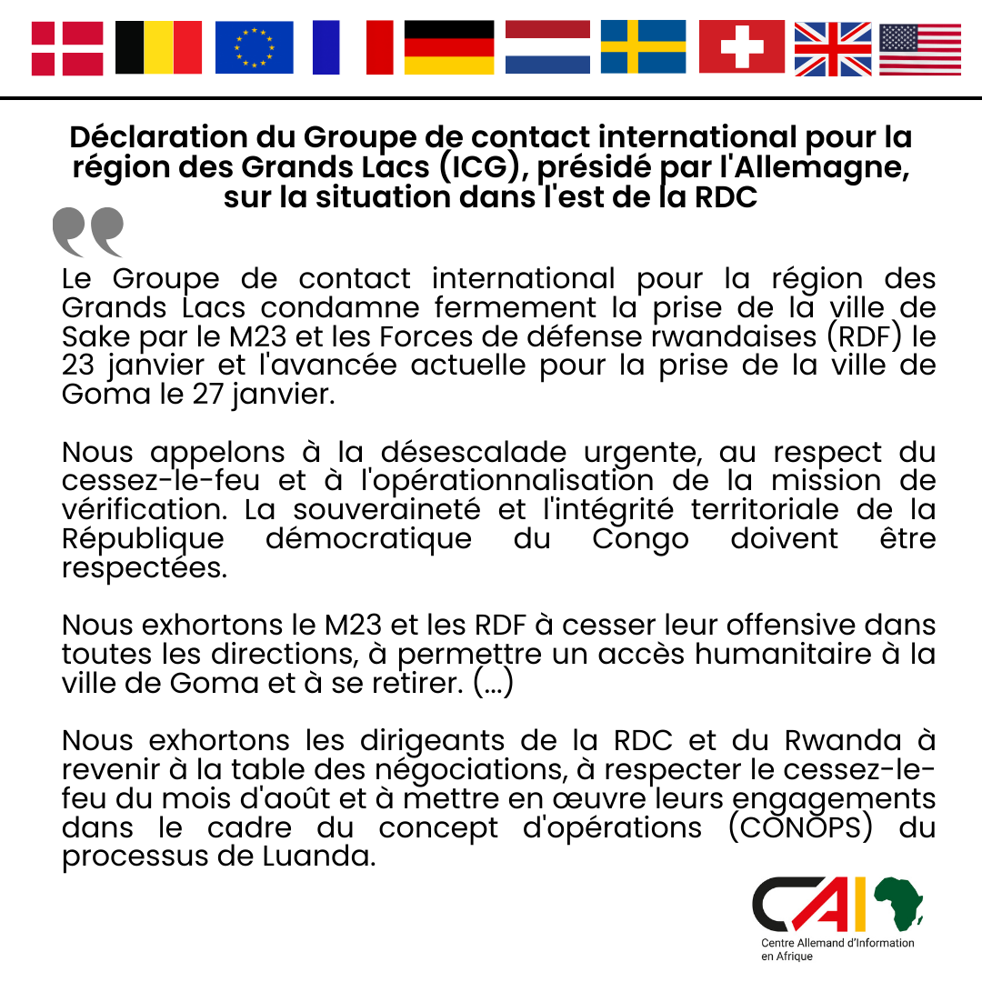 halloafrique's tweet photo. Le Groupe de contact international pour la région des Grands Lacs (ICG), présidé par l'Allemagne, a fait une déclaration sur la situation actuelle dans l'Est de la #RDC🇨🇩.
Voici la déclaration complète en français :➡️ https://t.co/4zpUXfTCxL https://t.co/3EEDMJbK9M