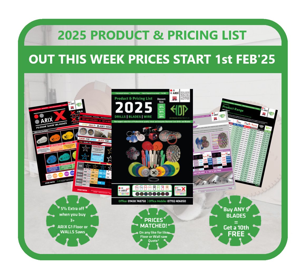 Our 2025 Product guide and Price list is now here!  Available to download with printed copies on the way.  Our new prices start Monday 3rd Feb, so place your orders for smaller diameter Drills, G1 Wall and Floor Saws and Hycon Equipment this week and save today.