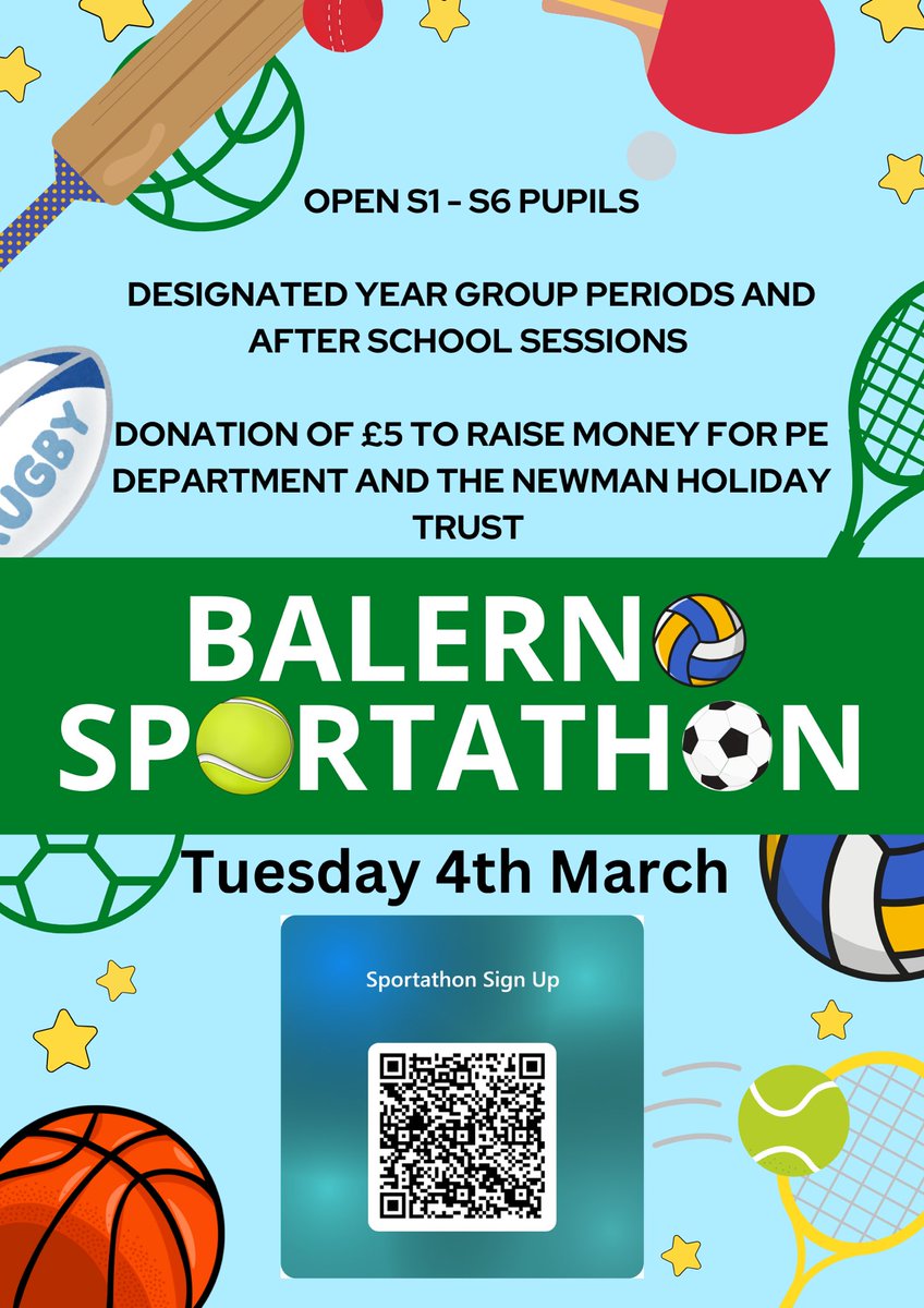 BalernoPEDept's tweet photo. We are excited to announce that we are running our first ever Sportathon on Tuesday 4th March⚽️🏓🎾🛼

Each year group has a designated period and there is an after school session open to S1-S6👏🏼

Donations raised will contribute to the PE Department and @TheNewmanTrust 💷 https://t.co/JOzhfnpZeB