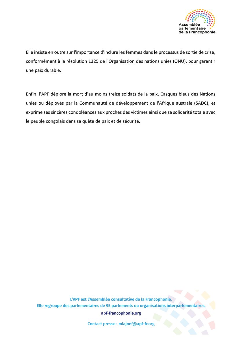 Situation dans l’Est de la RDC : l’Assemblée parlementaire de la Francophonie condamne fermement l’incursion du M23 et appelle la communauté internationale à agir pour protéger les populations