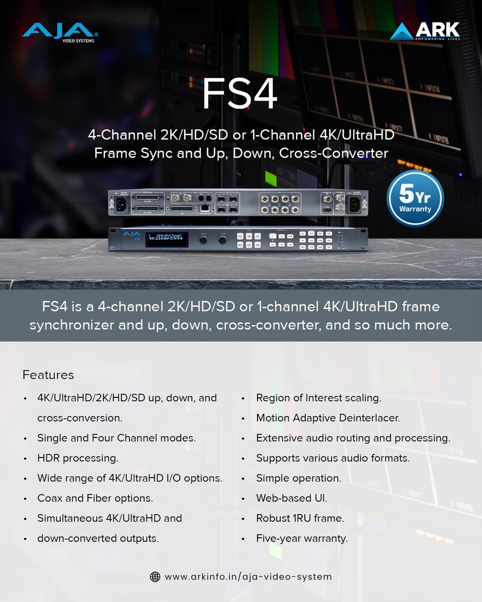 arkinfosolution's tweet image. Upgrade your workflow with the AJA FS4. Offering 4 channels of 2K/HD/SD or 1 channel of 4K/UltraHD, it provides frame synchronization, up/down/cross-conversion.

To learn more visit arkinfo.in/aja-video-syst…

#AJA #FS4 #VideoConversion #Broadcast #VideoProduction #4K #HD #Broadcast