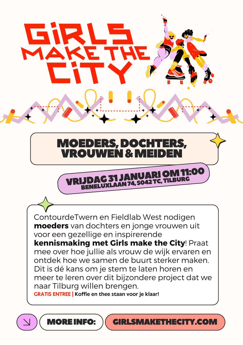 Moeders, dochters, vrouwen en meiden! #contourdetwern en #fieldlabwest nodigen jullie uit voor een inspirerende kennismaking met #girlsmakethecity 
Zien we je vrijdag? 💃 ☕️ 🌍