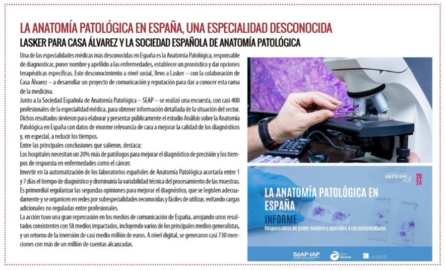 _Lasker's tweet photo. ¡Nos llena de orgullo anunciar que @elpublicistacom  ha destacado en su número de enero 2025 el caso de éxito de Lasker y Casa Alvarez! 🏆

Este reportaje resalta el trabajo conjunto para poner en valor la anatomía patológica en España, una especialidad que, aunque esencial, sigue siendo desconocida para muchos. ¡Gracias a El Publicista por esta mención tan especial!

👏 Agradecemos a todo el equipo de Casa Álvarez y El Publicista por darnos la oportunidad de compartir este importante avance. Seguimos trabajando para dar visibilidad a las profesiones que marcan la diferencia.