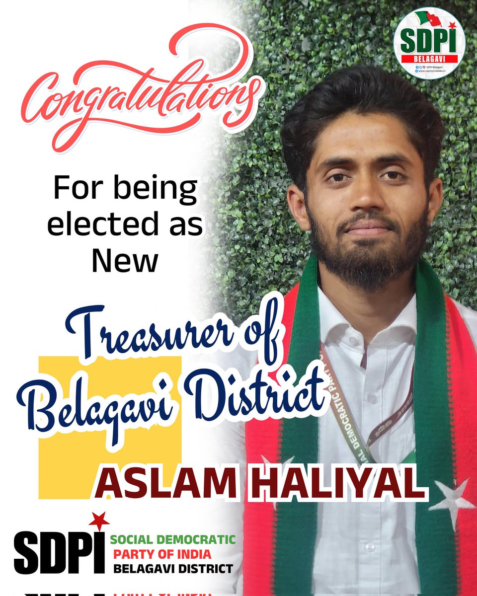 mohd_sufiiyan's tweet photo. Congratulations to ASLAM HALIYAL is the new treasurer of SDPI party in Belagavi district. May the party grow to greater heights under your leadership. Best wishes
@BelagaviSDPI
#Youth_Icon #Youth_Leader
#sdpikudachi #sdpibelagavi https://t.co/4J52AJSXOG