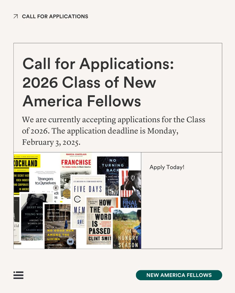New America (@newamerica) on Twitter photo Are you looking for funding and a community of peers to help develop your next big idea? If so, then <a href="/NAFellows/">New America Fellows Program</a> wants to hear from you!
Apply to be a part of the 2026 Class of New America Fellows by February 3, 2025.
📝 go.newamerica.org/apply-new-amer… Are you looking for funding and a community of peers to help develop your next big idea? If so, then <a href="/NAFellows/">New America Fellows Program</a> wants to hear from you!
Apply to be a part of the 2026 Class of New America Fellows by February 3, 2025.
📝 go.newamerica.org/apply-new-amer…