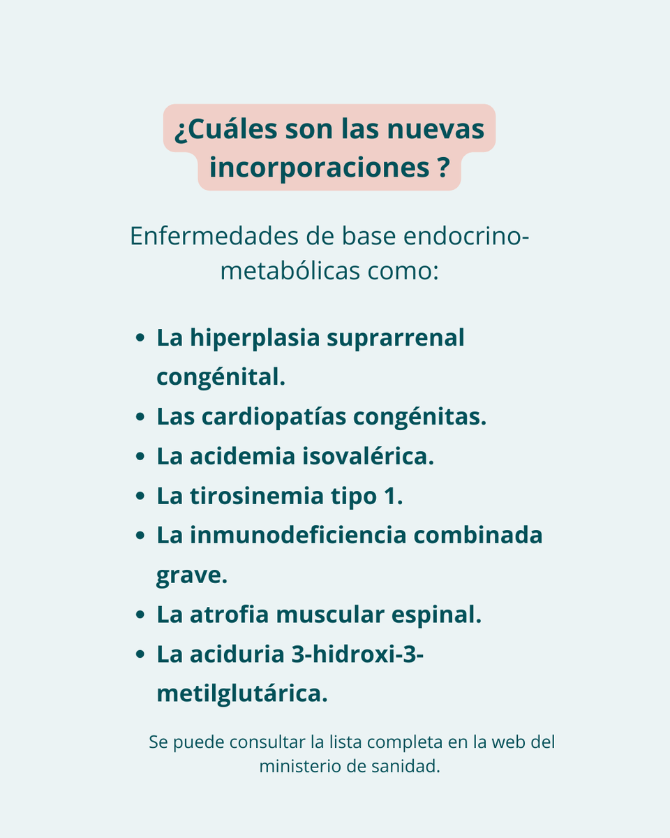 Sanidad confirma nuevos cribados neonatales hasta las 23 enfermedades de base endocrino-metabólicas (con cribado a través de la prueba del talón).