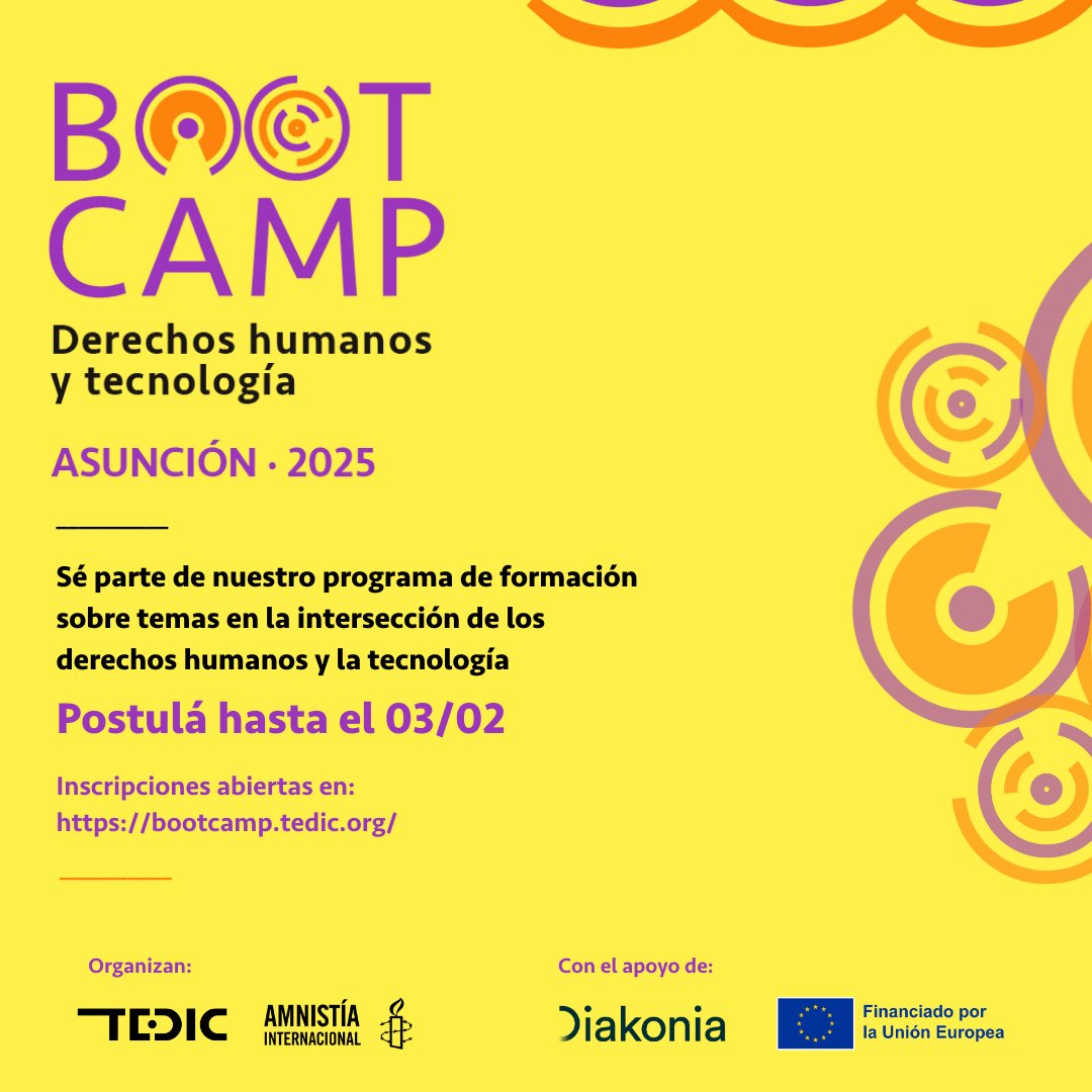 ¡Junto a <a href="/aiparaguay/">Amnistía Internacional Py</a> lanzamos un nuevo #Bootcamp sobre derechos humanos y tecnología! 🖥️✨
Aprendé sobre derechos digitales, privacidad, IA, datos personales y más.
🔗 Postulá aquí: forms.gle/Wb1916hXy8JEwo…