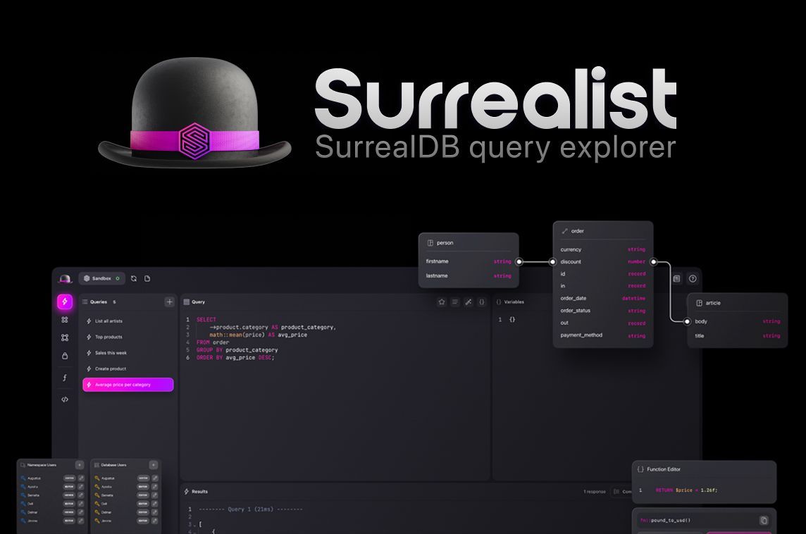 madewith_react's tweet photo. Surrealist is a powerful @SurrealDB query explorer #madewithreactjs for web & desktop ๐๏ธ - https://t.co/3rsiajxYJO https://t.co/c1FUn6Tp4z