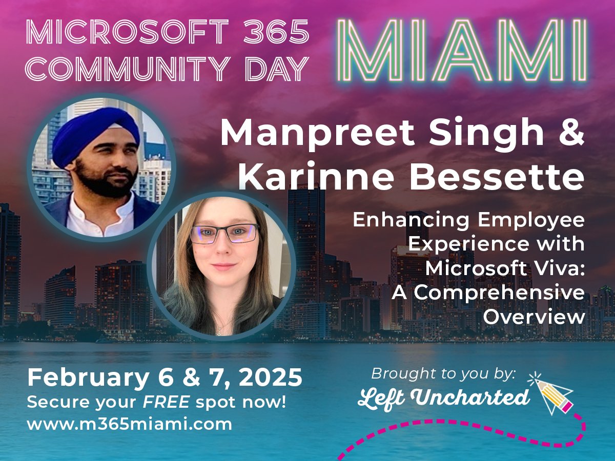 Microsoft 365 Community Day Miami (@m365miami) on Twitter photo Are you ready to transform your organization's employee experience, drive business outcomes, and stay ahead in an increasingly competitive market? <a href="/manpreethere/">MANPREET SINGH</a> and <a href="/RinBytes/">Karinne Bessette</a> at <a href="/M365Miami/">Microsoft 365 Community Day Miami</a> will teach you how by leveraging #MicrosoftViva! 🤘 Free tickets 👉m365miami.com/registration/ Are you ready to transform your organization's employee experience, drive business outcomes, and stay ahead in an increasingly competitive market? <a href="/manpreethere/">MANPREET SINGH</a> and <a href="/RinBytes/">Karinne Bessette</a> at <a href="/M365Miami/">Microsoft 365 Community Day Miami</a> will teach you how by leveraging #MicrosoftViva! 🤘 Free tickets 👉m365miami.com/registration/