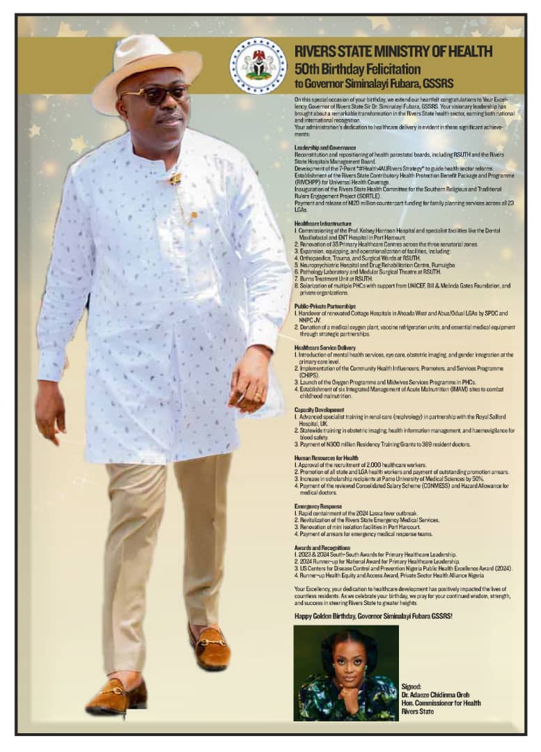 PrinceChukwumel's tweet image. A Golden Legacy

Today, we proudly honor a luminary who has illuminated the path of progress for our great state. Our governor's 50th birthday is a testament to a life of purpose, passion, &amp;amp; unwavering dedication to the well-being of our dear state.
#RiversFirst
#Health4AllRivers