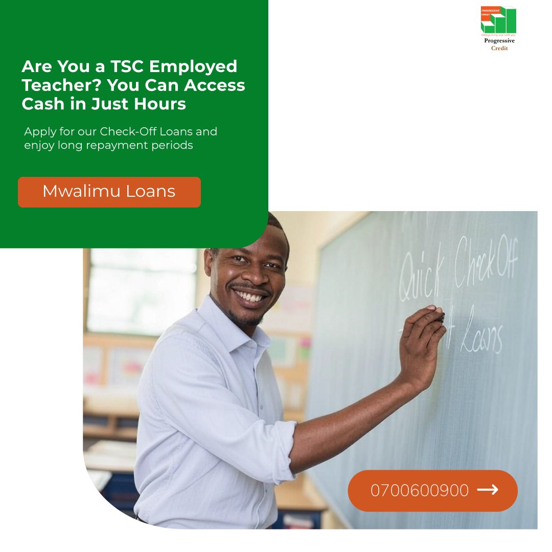 progressivecrke's tweet photo. Are you a TSC employed teacher? You can now access cash in just hours! Apply for quick and flexible check-off loans at Progressive Credit.
#CheckoffLoans #ProgressiveCredit https://t.co/zuLAO76HEu
