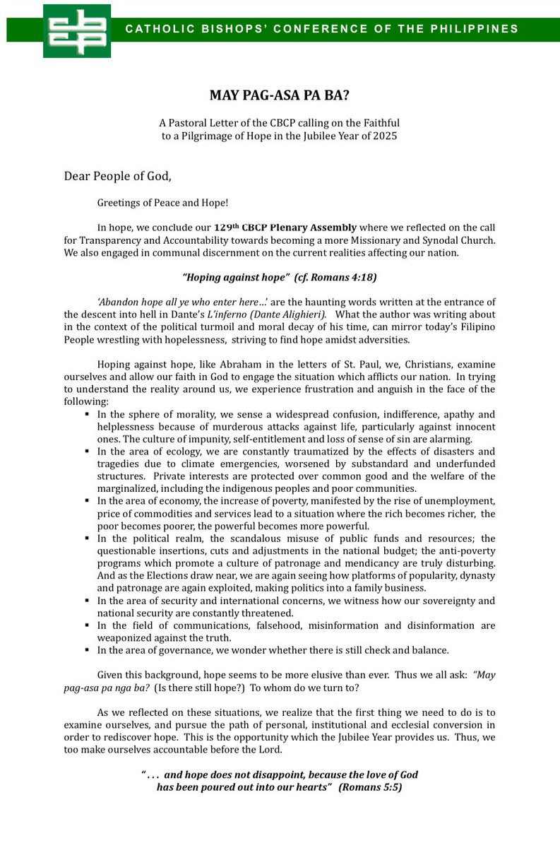 johnmarkdean's tweet photo. A Pastoral Letter of the CBCP calling on the Faithful
to a Pilgrimage of Hope in the Jubilee Year of 2025 https://t.co/aYmpBXaNlK
