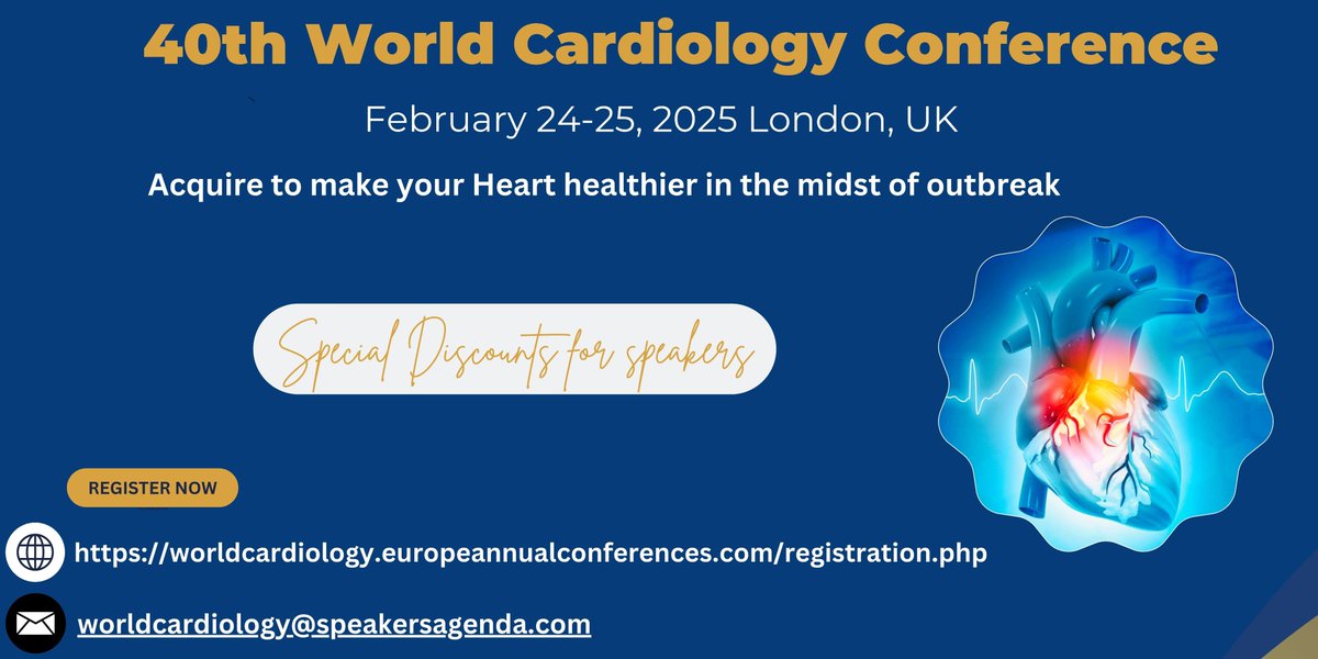 Alexand53828878's tweet photo. Join us at the #40thWorldCardiologyConference on #Feb24_25_2025 in #London_UK
Theme: Prioritize #HeartHealth Amidst an Outbreak.
Special offer: Exclusive #discounts for #speakers!
Don't miss out—reserve your slot now: https://t.co/Kc8zBsfZPl
#CardiacSurgery #HeartFailure #Events https://t.co/7G8nQxOuLb