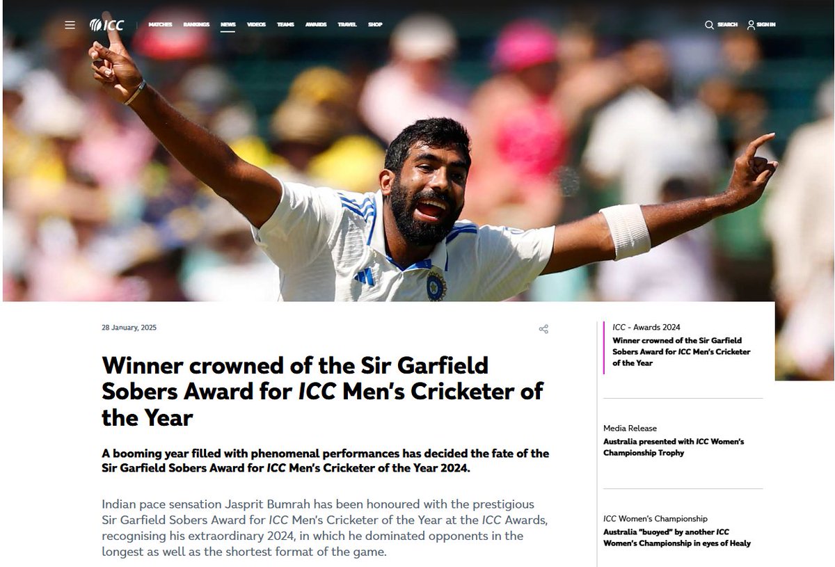 ANI's tweet photo. Indian pacer Jasprit Bumrah honoured with Sir Garfield Sobers Award for ICC Men’s Cricketer of the Year at the ICC Awards: ICC https://t.co/0X8vMGv7DX