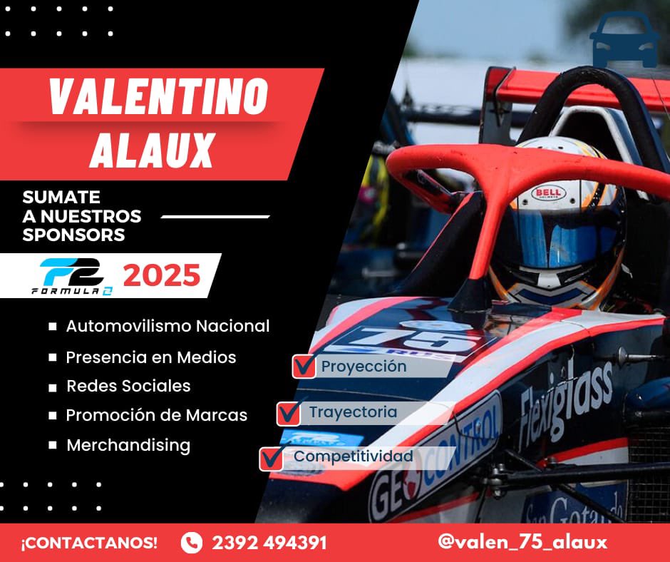 Soy Valentino alaux y estoy en busca de sponsors para poder seguir compitiendo en la fórmula 2 Argentina, cualquier ayuda o acercamiento me sirve, el único que fin que busco con esto, es seguir haciendo lo que amo y crecer en el automovilismo y me encantaría hacerlo sabiendo que