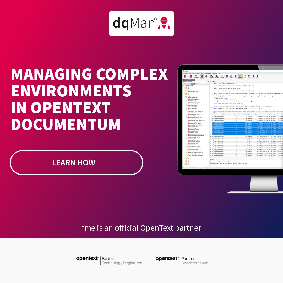 fme_dqMan's tweet photo. Struggling with large-scale repository management? dqMan simplifies complex OpenText Documentum systems with automation and reporting features.
Learn how: https://t.co/2Pbp1qESZh

#dqMan #ITAdmin #OpenText #Documentum https://t.co/EuhFiDGGOk