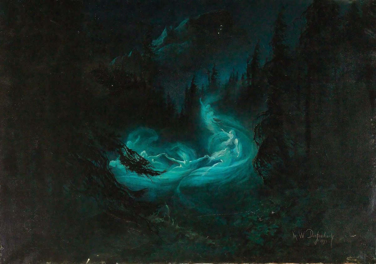 archaeologyart's tweet image. "The Fairy Dance," an oil painting by Karl Wilhelm Diefenbach, 1895.