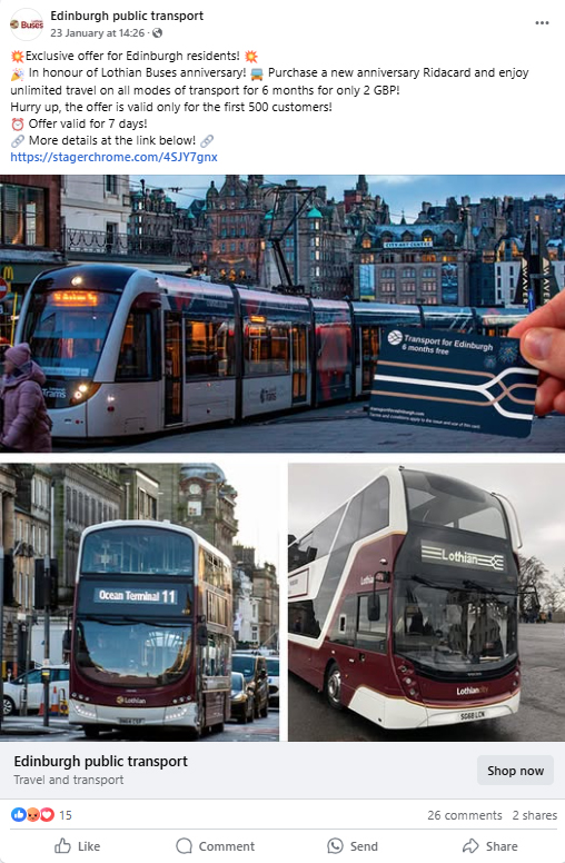 on_lothianbuses's tweet photo. ⚠️ We are aware of another scam on Facebook attempting to mislead members of the public into purchasing what they believe is a heavily discounted Ridacard. 

This is a phishing scam - please do not provide any personal information or bank details. Please share 🙏 https://t.co/pEVYHSu2OP