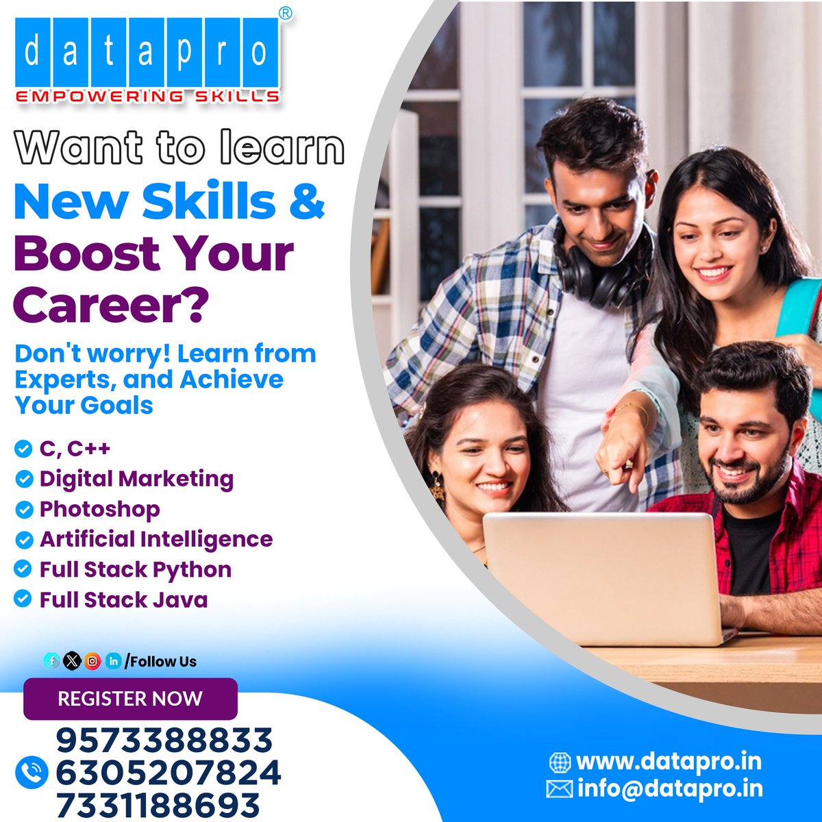 dataproofficial's tweet photo. Boost Your Career with Datapro!

Upskill with expert-led IT courses:
C, C++ | Digital Marketing | Photoshop
AI | Full Stack Python &amp; Java
Register Now! 9573388833 | 6305207824 | 
#ITtraining #CareerGrowth #PythonDevelopers #AICourse #JavaFullStack #DigitalMarketingTraining https://t.co/PyKBe9dH64