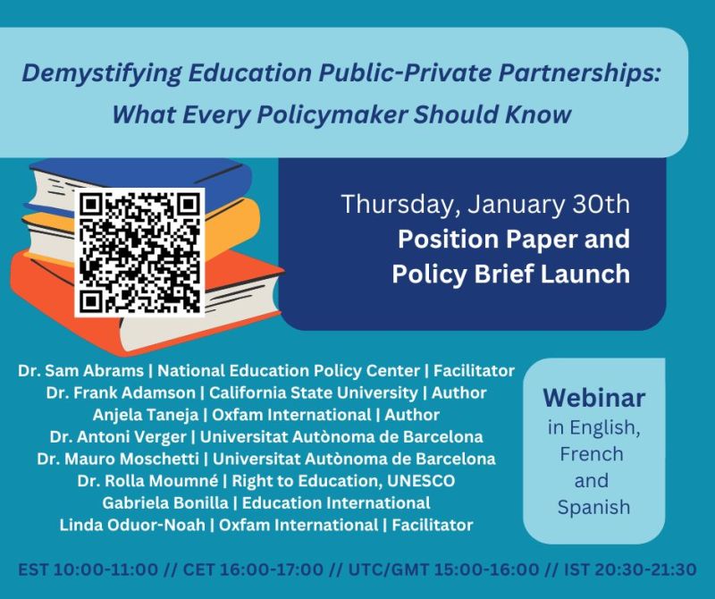 Anjela Taneja (@anjela_taneja) on Twitter photo Join us for the launch of new collective papers on Public-Private Partnerships in education written by <a href="/frankadamson/">Dr. Frank Adamson</a> and me. It seeks to provide policymakers, funders & advocates with evidence they need to make truly informed decisions📚
🔗 Register here: bit.ly/42dxQZ3 Join us for the launch of new collective papers on Public-Private Partnerships in education written by <a href="/frankadamson/">Dr. Frank Adamson</a> and me. It seeks to provide policymakers, funders & advocates with evidence they need to make truly informed decisions📚
🔗 Register here: bit.ly/42dxQZ3