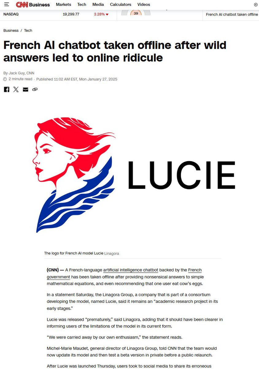 Les médias US se moquent de LUCIE

Personne ne comprend qu’un projet soutenu par l’Etat français soit aussi nul 

LUCIE humilie la French Tech
LUCIE ridiculise la Startup Nation
LUCIE rabaisse le président Macron
LUCIE décrédibilise la France 

Cet amateurisme doit cesser !