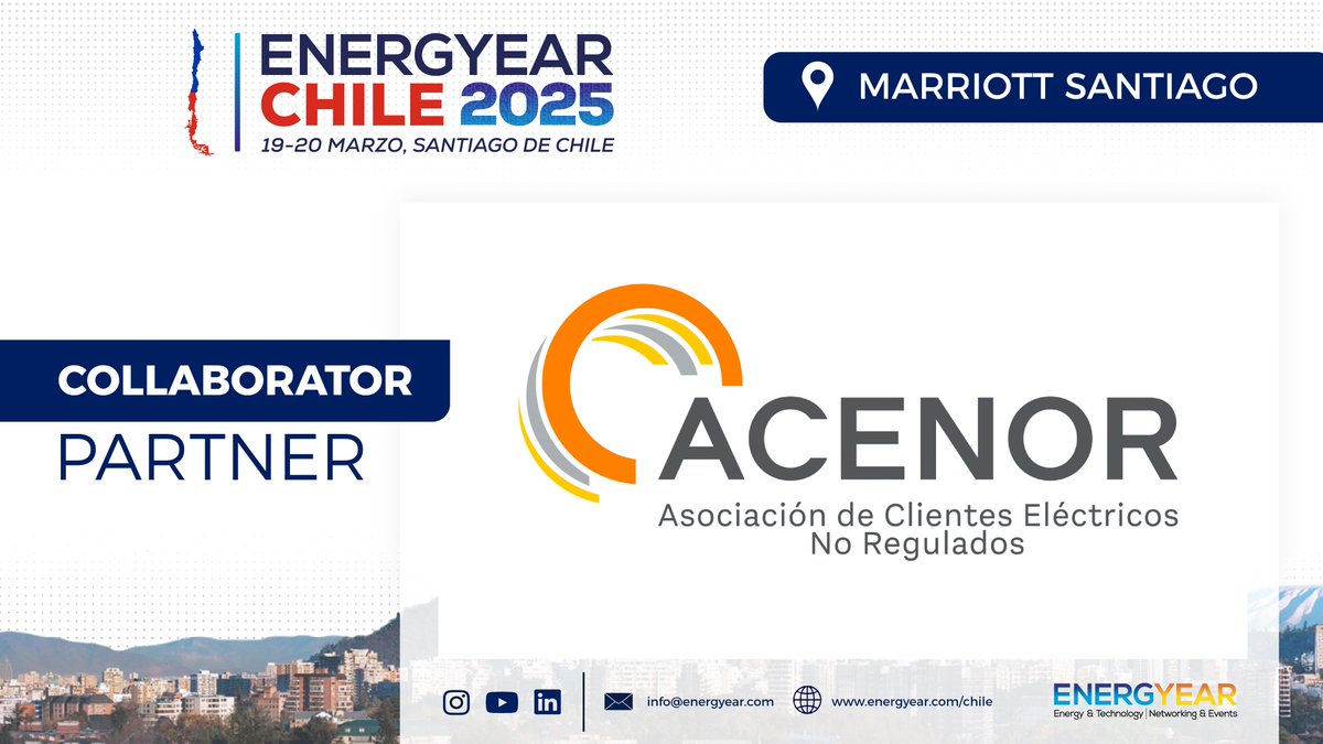 AcenorAG's tweet image. 🔵Este 19 y 20 de marzo vuelve a Chile el encuentro #Energyear, instancia en la que el director ejecutivo de #ACENOR, Javier Bustos, participará en un panel de conversación que abordará la descarbonización de los sectores productivos.

🎟energyear.com/es/chile/ 

#ClientesLibres