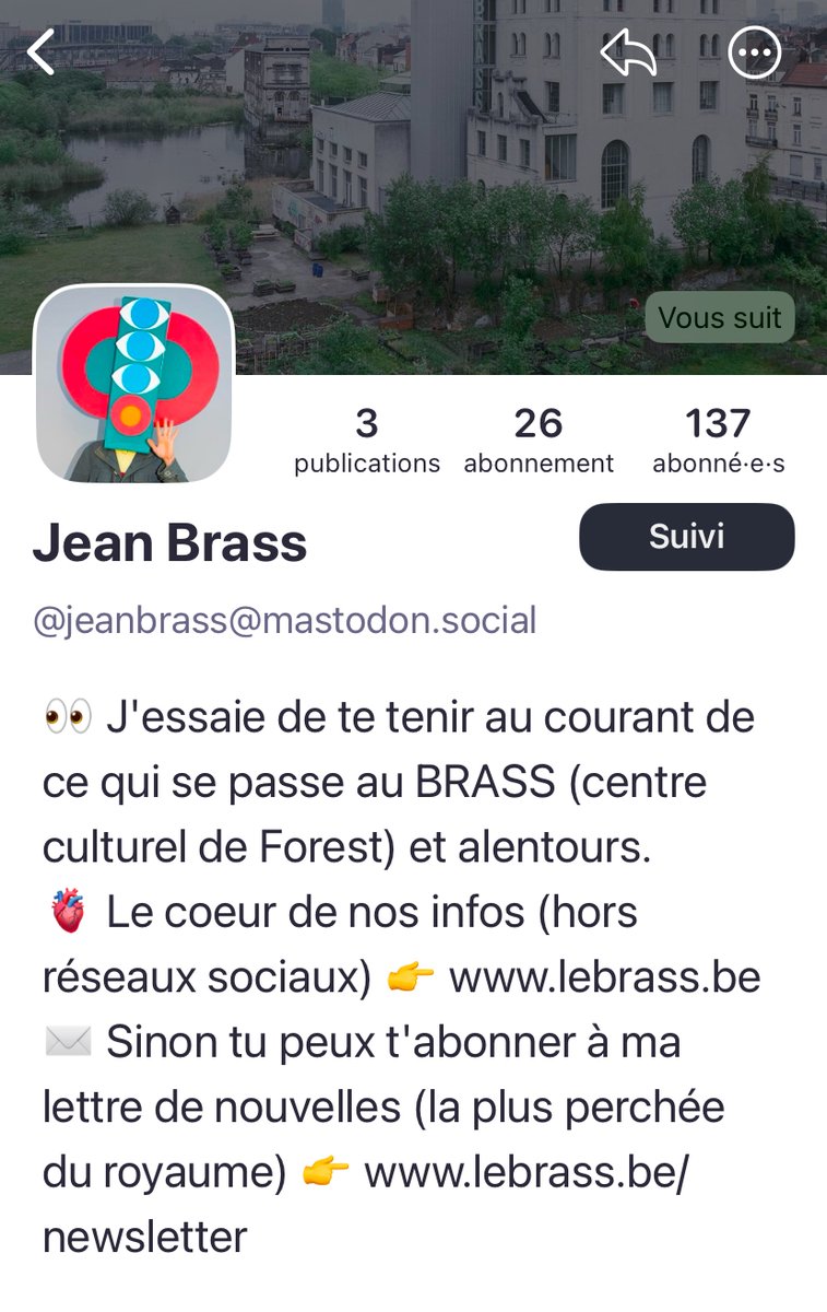 Salut. On va mettre à la poubelle ce vieux compte X frelaté.
Tu peux suivre les infos sur le BRASS chez Mastodon si ça te dit !
👉 mastodon.social/@jeanbrass
Et/ou t'abonner à notre newsletter 
👉 lebrass.be/newsletter
