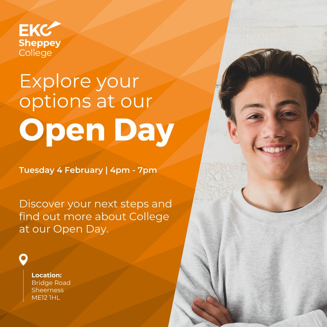 EKC Sheppey College (@sheppeycollege) on Twitter photo Find a course that’s right for you and explore the campus at our upcoming Open Day. 🌟
📅 Tuesday 4 February
⏰ 4–7pm
Learn more and pre-register: sheppeycollege.ac.uk/information/wh…
#Sheppey #EKCSheppeyCollege Find a course that’s right for you and explore the campus at our upcoming Open Day. 🌟
📅 Tuesday 4 February
⏰ 4–7pm
Learn more and pre-register: sheppeycollege.ac.uk/information/wh…
#Sheppey #EKCSheppeyCollege
