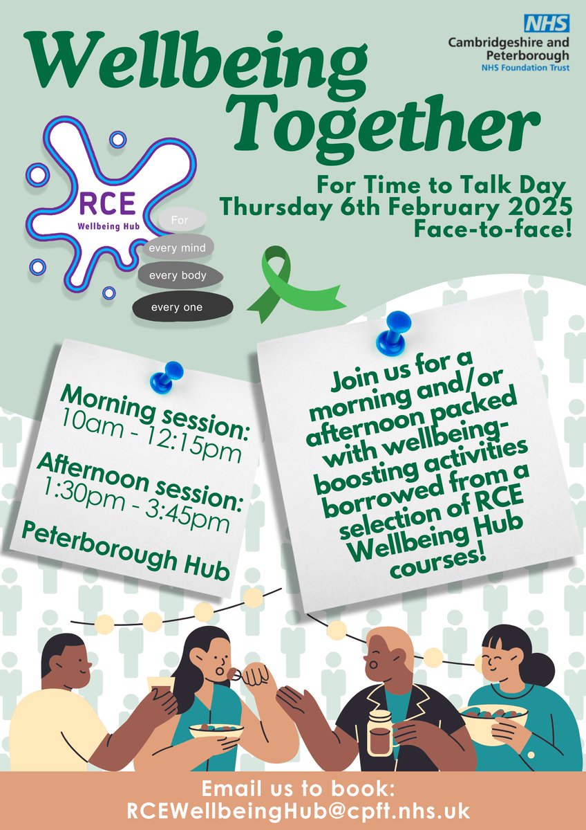 RCE Wellbeing Hub (@cpft_rce) on Twitter photo How are you taking part in Time To Talk Day?
Why not join us at our Peterborough Hub in the morning and/or afternoon of Thursday 6th February to focus on your wellbeing together with us?
Let's get talking and self-care-ing!
Email us to book: RCEWellbeingHub@cpft.nhs.uk How are you taking part in Time To Talk Day?
Why not join us at our Peterborough Hub in the morning and/or afternoon of Thursday 6th February to focus on your wellbeing together with us?
Let's get talking and self-care-ing!
Email us to book: RCEWellbeingHub@cpft.nhs.uk