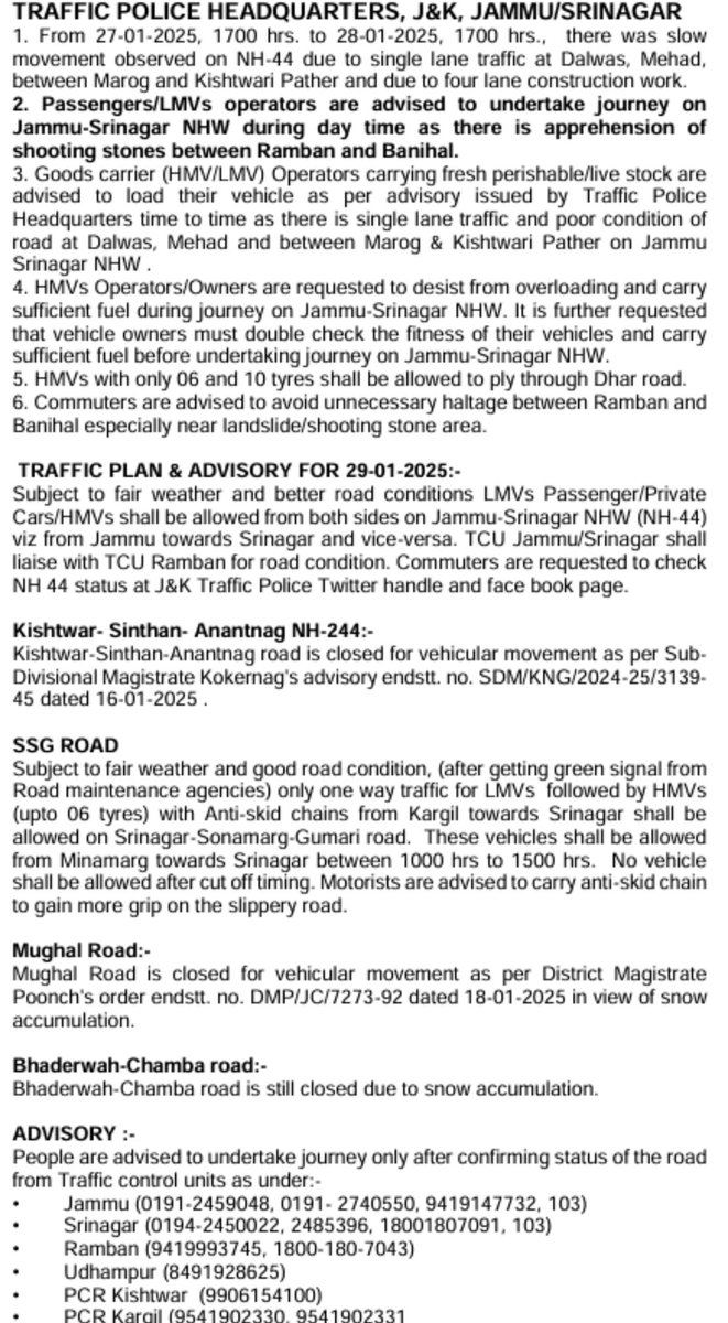 manojkaul1's tweet photo. Traffic advisory for 29.01.2025
#JammuAndKashmir #Kashmir #kashmir#winter https://t.co/NPcg53eChh