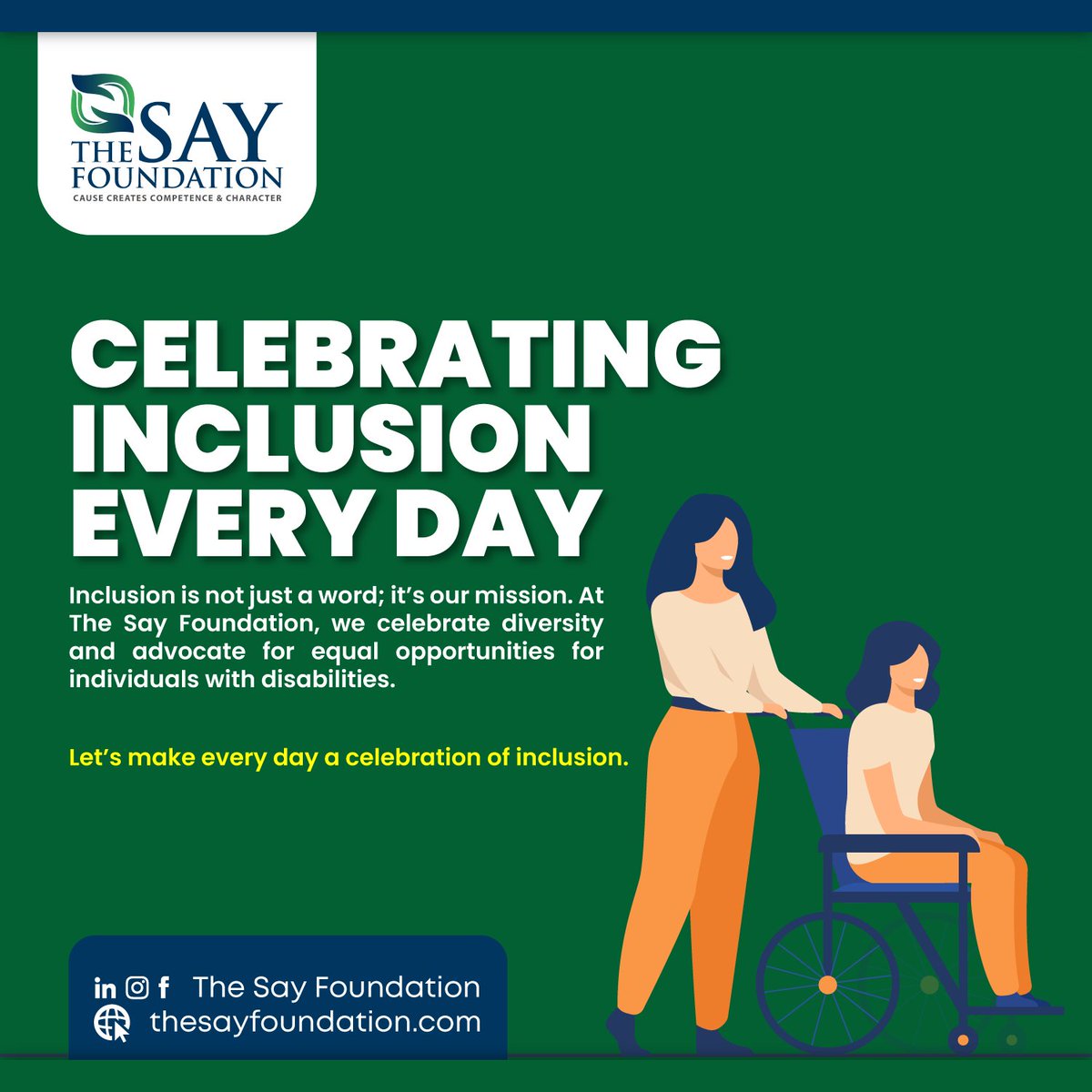 TSAYFoundation's tweet photo. Inclusion isn't just a word, it's a celebration! 🌈 At The Say Foundation, we believe in creating a world where everyone, regardless of ability, has the opportunity to thrive. Let's make every day a celebration of inclusion! 

✨ Visit https://t.co/lczSb5Q0qZ 

#inclusion https://t.co/14yy66Fw0u