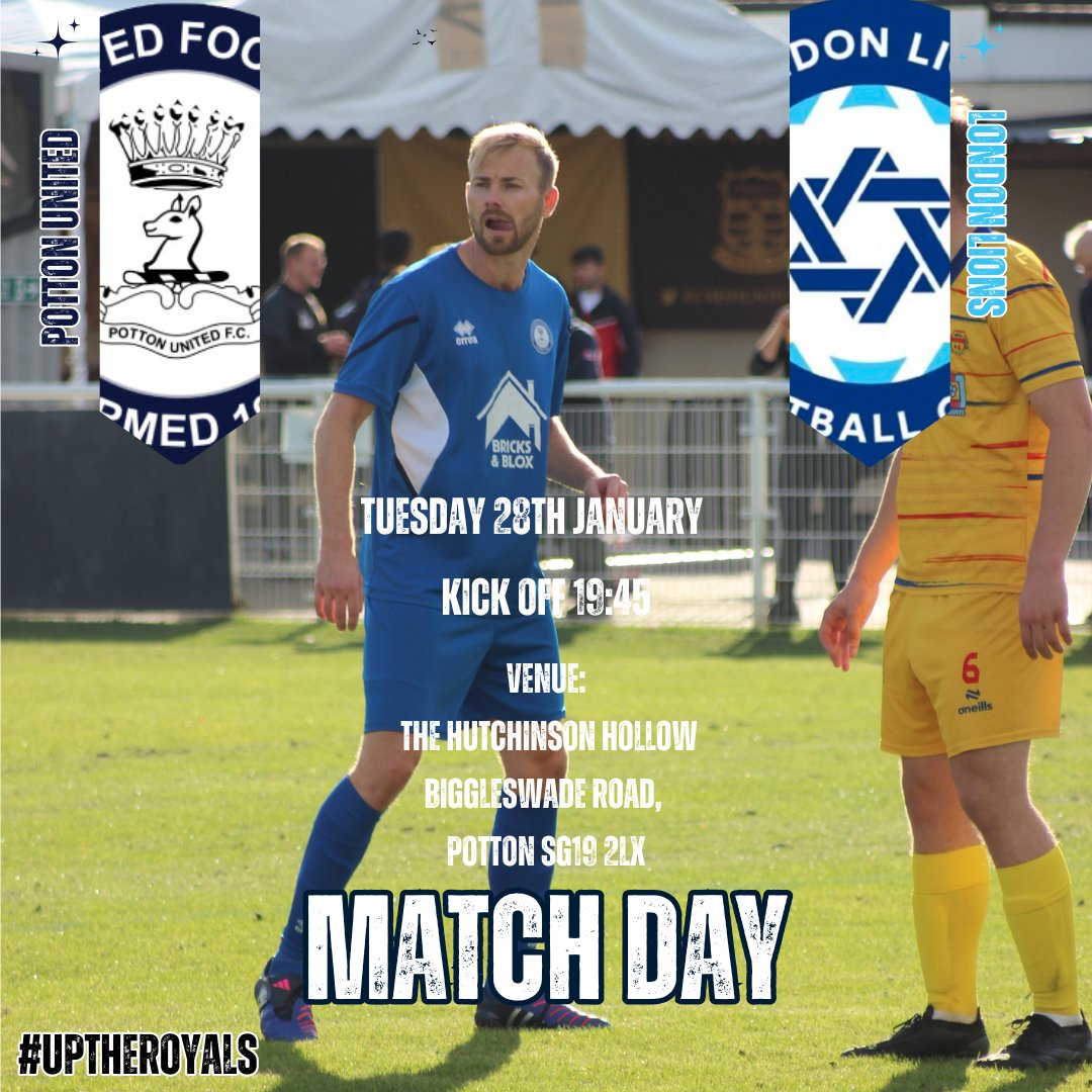 POTTON UNITED FC (@pottonunited) on Twitter photo 🚨Match Day🚨
We host <a href="/LondonLions_/">London Lions F.C.</a> in league action tonight. <a href="/JackGalatis/">Jack</a> looks to carry on from the weekend.
🆚 <a href="/LondonLions_/">London Lions F.C.</a>
🏟️ The Hollow, SG19 2LX
⏱️ 19:45
🎫 Adults £8, Concessions £4, U16's £1.
#uptheroyals #nonleague 🚨Match Day🚨
We host <a href="/LondonLions_/">London Lions F.C.</a> in league action tonight. <a href="/JackGalatis/">Jack</a> looks to carry on from the weekend.
🆚 <a href="/LondonLions_/">London Lions F.C.</a>
🏟️ The Hollow, SG19 2LX
⏱️ 19:45
🎫 Adults £8, Concessions £4, U16's £1.
#uptheroyals #nonleague
