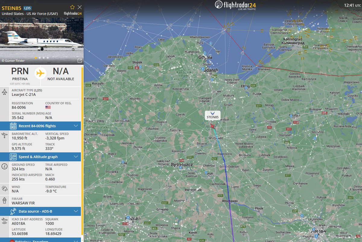 PolishMilRadar's tweet photo. ⌚️ 28.01 12:42z
🇺🇸 United States Air Force #USAF
✈️ Learjet C-21A "84-0096"
#STEIN85 on descent ⬇️
🛫 Pristina Airport #BKPR
🛬 Gdańsk Airport #EPGD
https://t.co/CUWMkogBYe
#POLMILRADAR https://t.co/eFmyNLdYC1