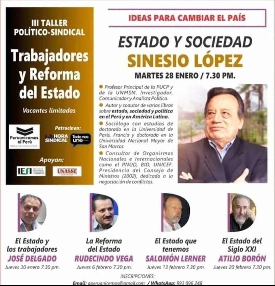 RudecindoVega's tweet photo. Hoy el gran #SinesioLopez iniciará este III Taller Político Sindical, La Reforma del Estado y Los Trabajadores. Participen, hoy hace falta compartir ideas para esclarecernos todos. Agradezco a #HoraSindical y #Todonosune #UNASSE y a #IESI haberme invitado, ya me toca más adelante.