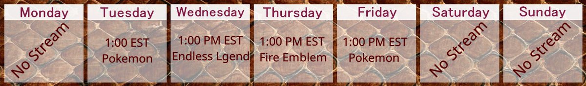 Daughterofmod's tweet photo. This week's stream schedule! Big week for pokemon fans! Both Tuesday and Friday will feature Elite Four fights! https://t.co/8RZcnQZt8t