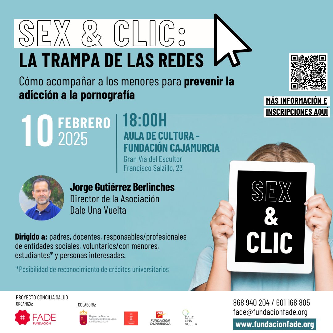 Fundación FADE (@fundacionfade) on Twitter photo ¿Eres consciente del impacto que la pornografía puede tener en tus hijos?
Compartimos contigo las herramientas para gestionar los casos a nuestro alrededor
➡️Más info e inscripción fundacionfade.org/taller-prevenc…
Colabora <a href="/PolitSocialMur/">Consejería de Política Social Familias e Igualdad.</a> <a href="/AytoMurcia/">Ayuntamiento de Murcia</a> <a href="/FCajamurcia/">Fundación Cajamurcia</a> <a href="/dale_una_vuelta/">Dale Una Vuelta</a> ¿Eres consciente del impacto que la pornografía puede tener en tus hijos?
Compartimos contigo las herramientas para gestionar los casos a nuestro alrededor
➡️Más info e inscripción fundacionfade.org/taller-prevenc…
Colabora <a href="/PolitSocialMur/">Consejería de Política Social Familias e Igualdad.</a> <a href="/AytoMurcia/">Ayuntamiento de Murcia</a> <a href="/FCajamurcia/">Fundación Cajamurcia</a> <a href="/dale_una_vuelta/">Dale Una Vuelta</a>